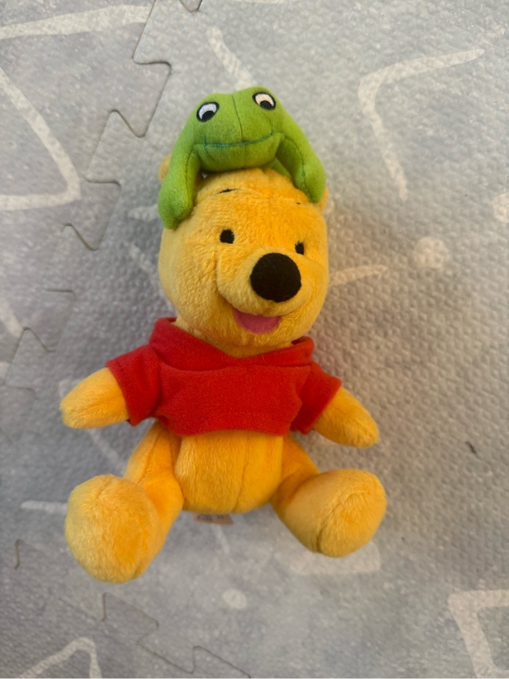 Vintage Disney Yellow Winnie the Pooh Plush with Red Shirt and Green Frog Hat